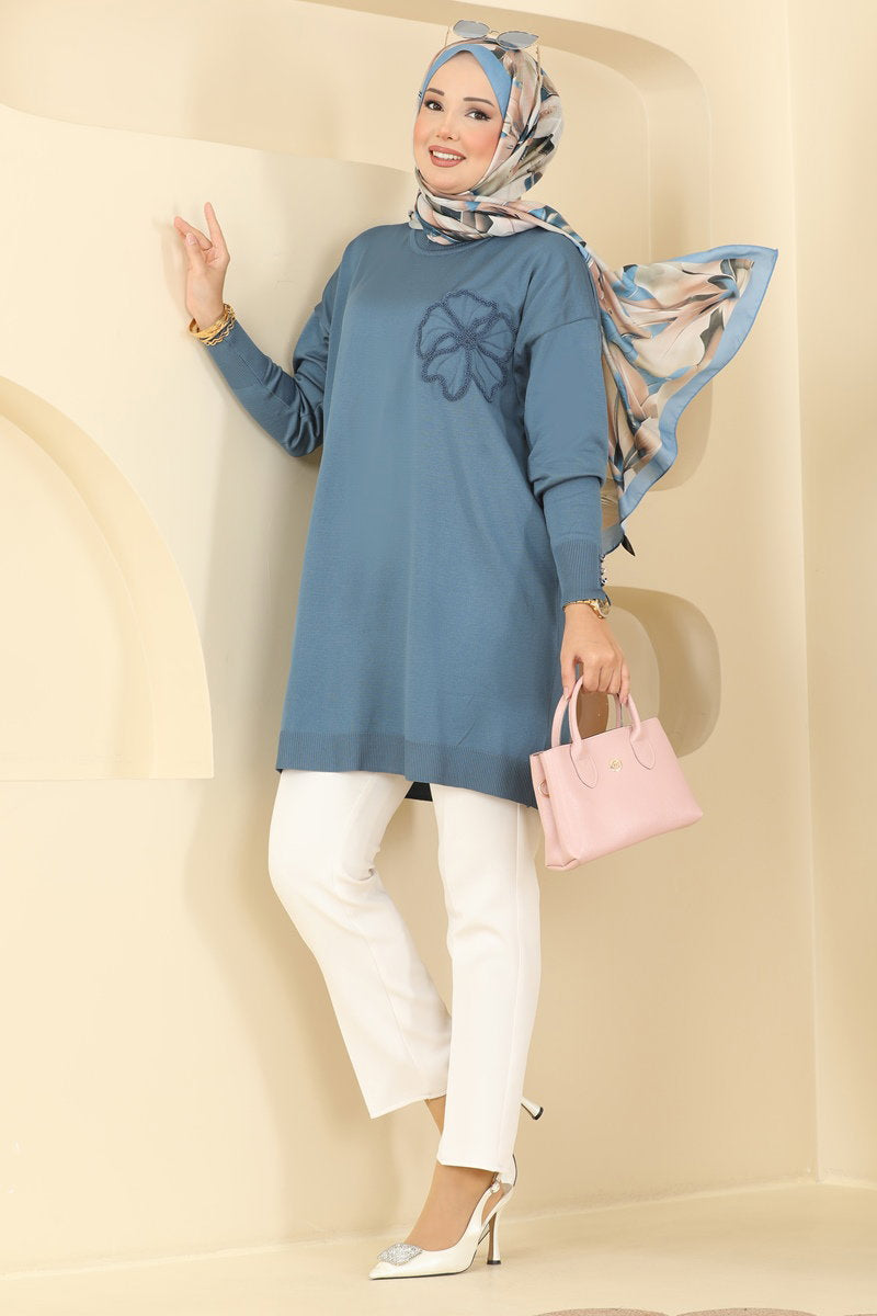 Embroidered Mercerised Tunic - Indigo