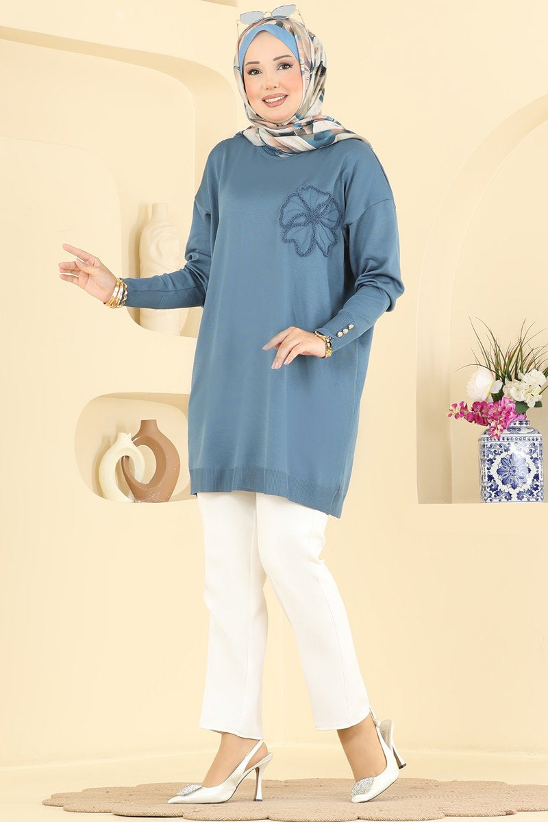 Embroidered Mercerised Tunic - Indigo