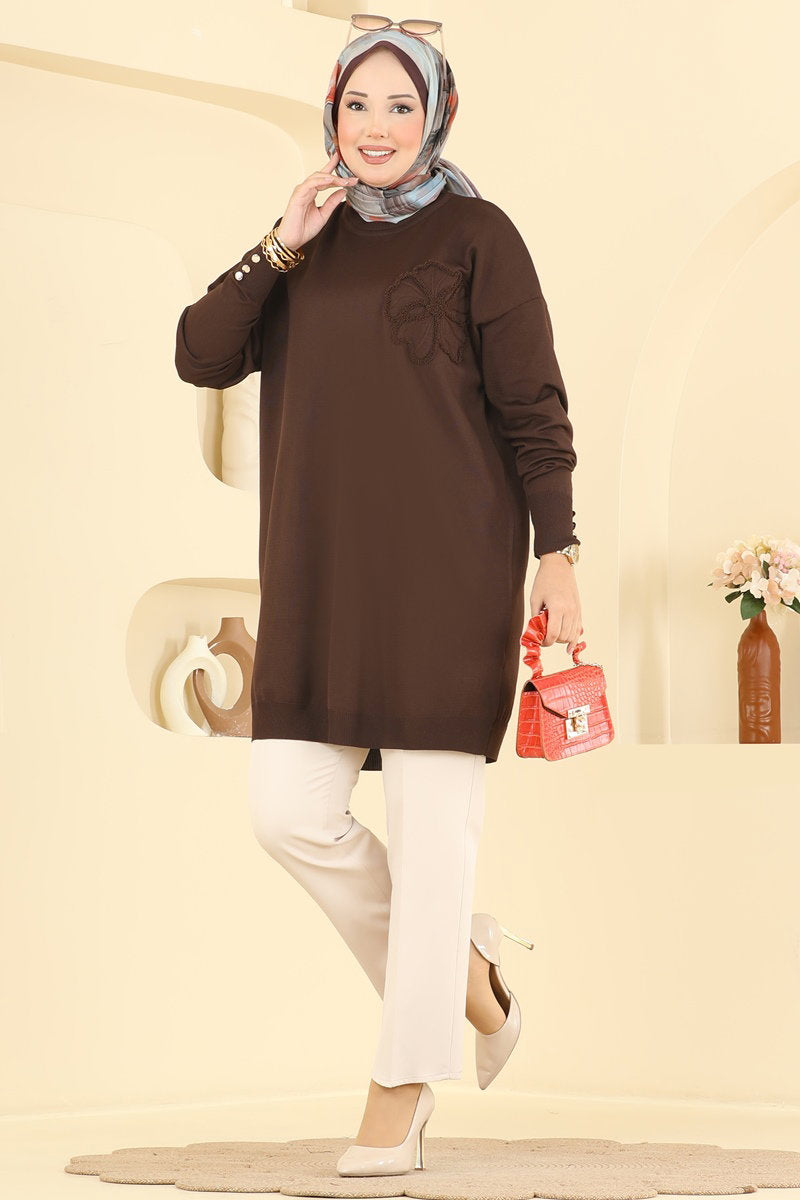 Embroidered Mercerised Tunic - Brown