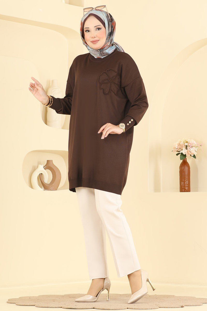 Embroidered Mercerised Tunic - Brown