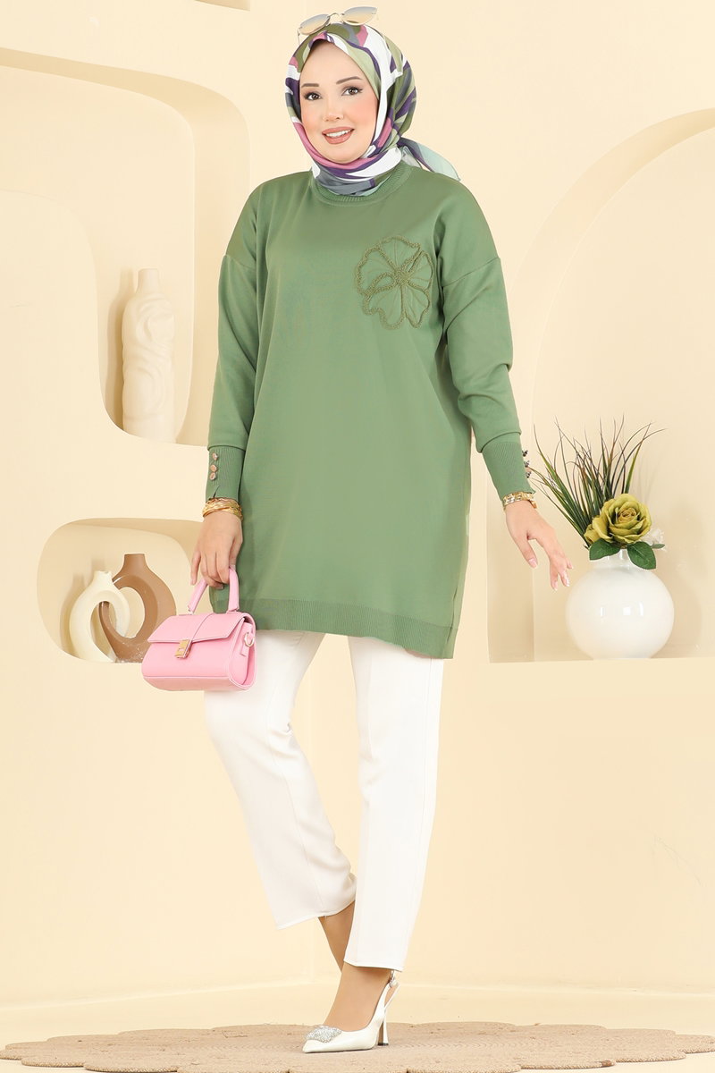Embroidered Mercerised Tunic - Dark Almond Green