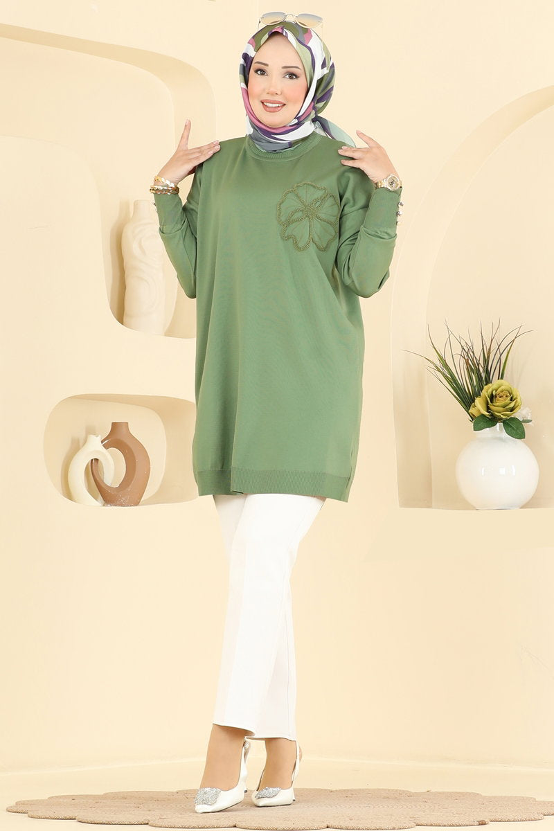 Embroidered Mercerised Tunic - Dark Almond Green