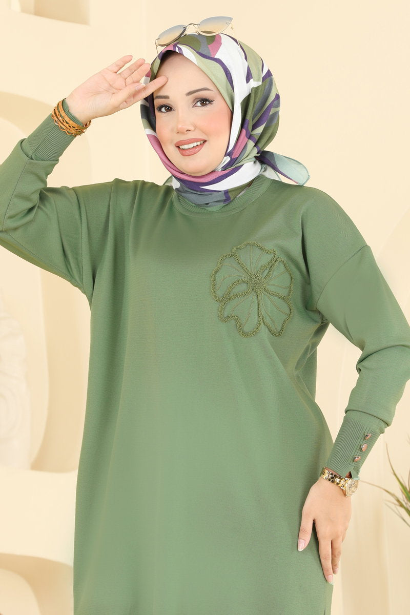 Embroidered Mercerised Tunic - Dark Almond Green