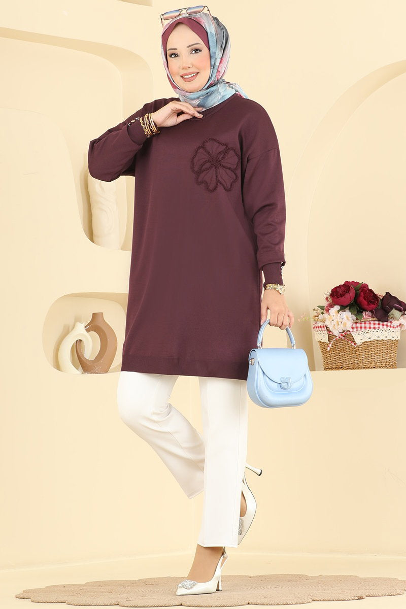 Embroidered Mercerised Tunic - Plum