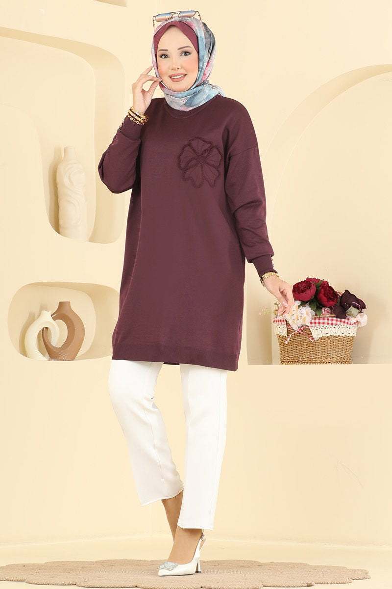 Embroidered Mercerised Tunic - Plum