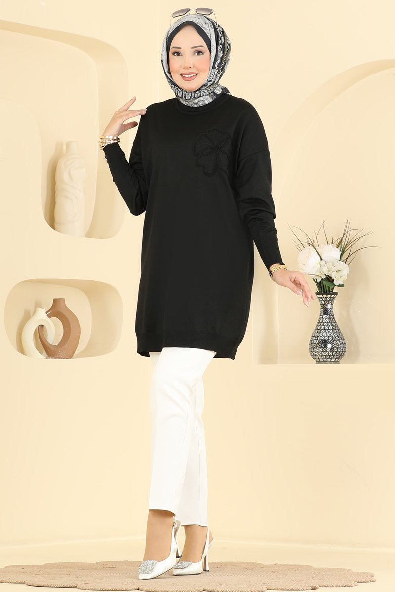 Embroidered Mercerised Tunic - Black