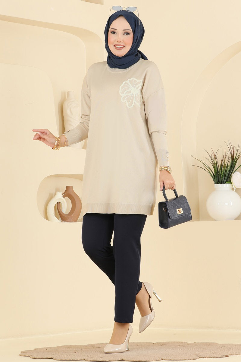 Embroidered Mercerised Tunic - Stone