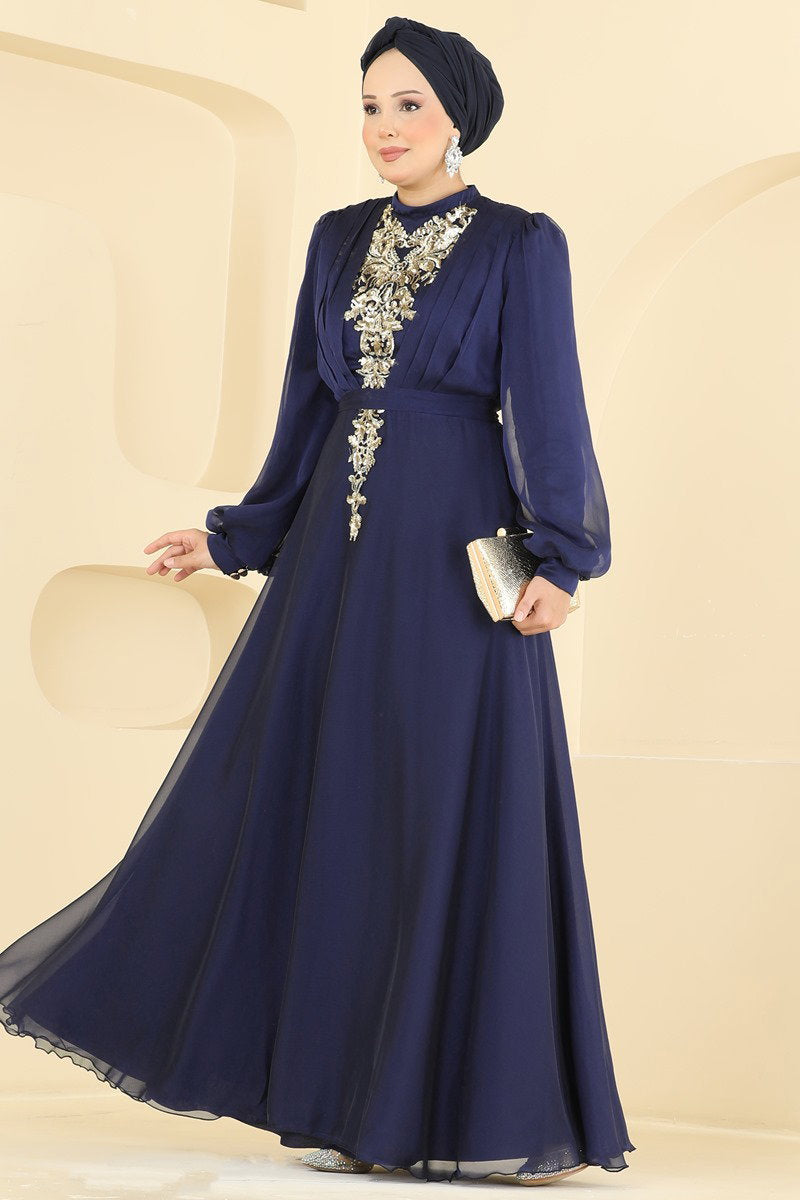Embroidered Shot-Fabric Evening Dress - Navy