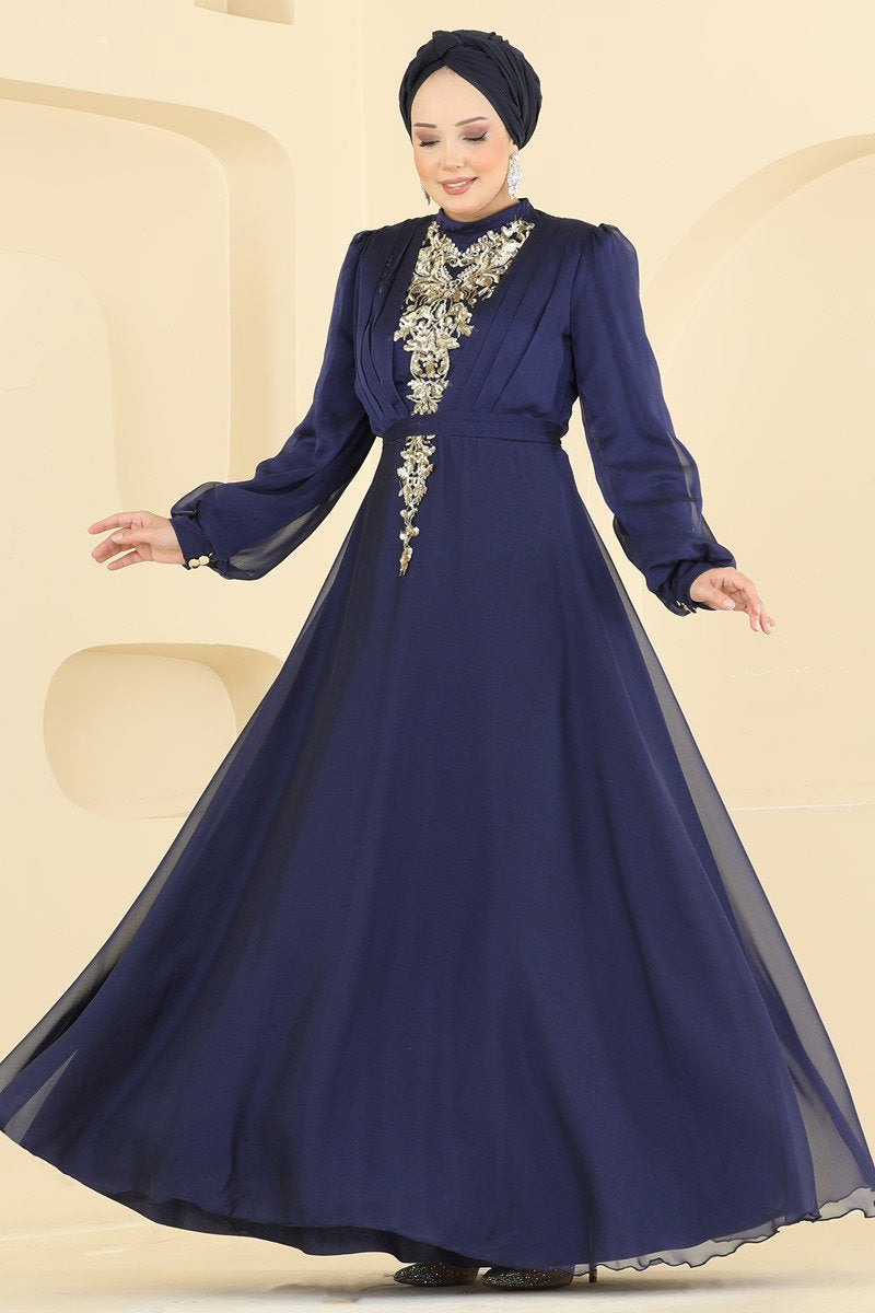 Embroidered Shot-Fabric Evening Dress - Navy