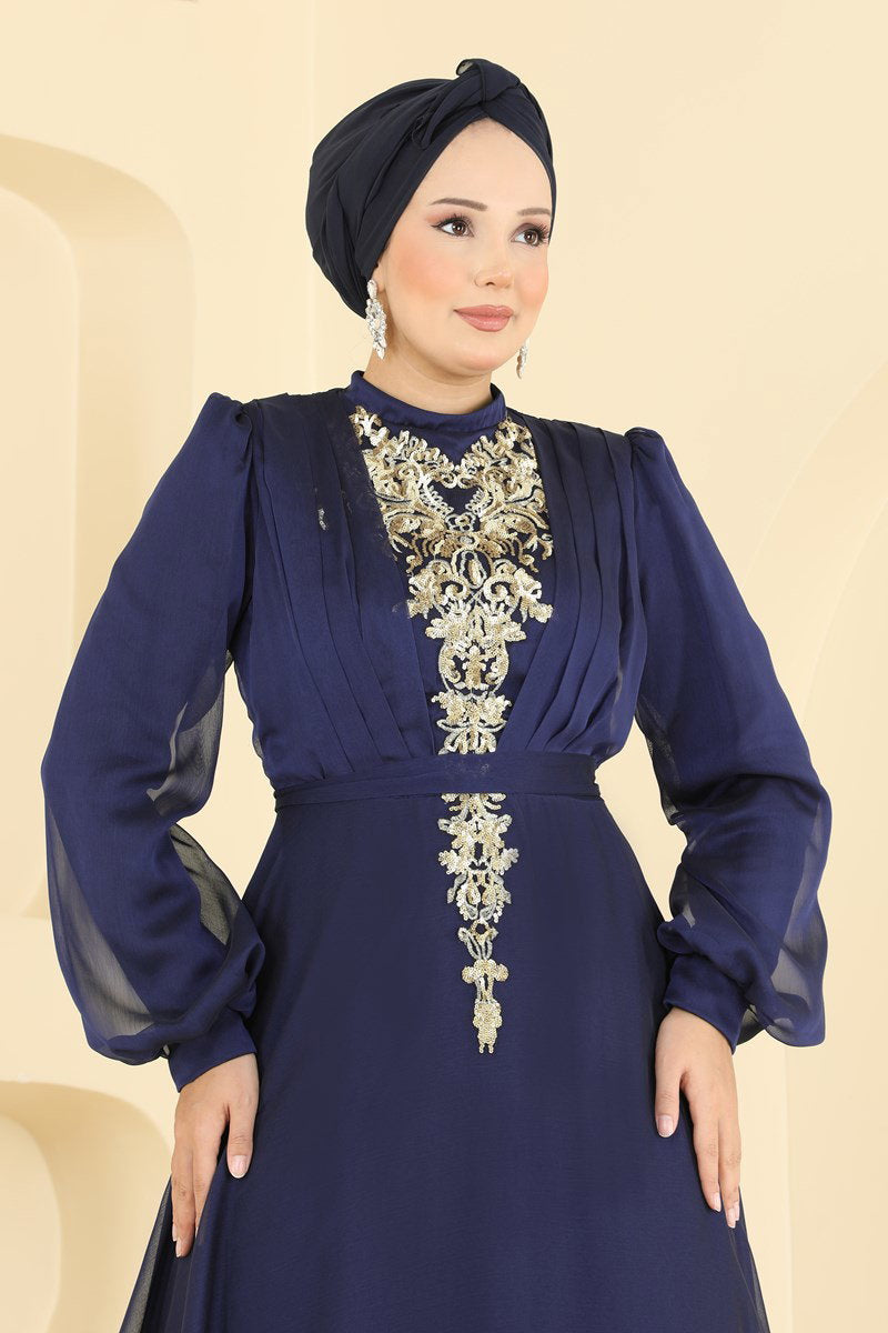 Embroidered Shot-Fabric Evening Dress - Navy