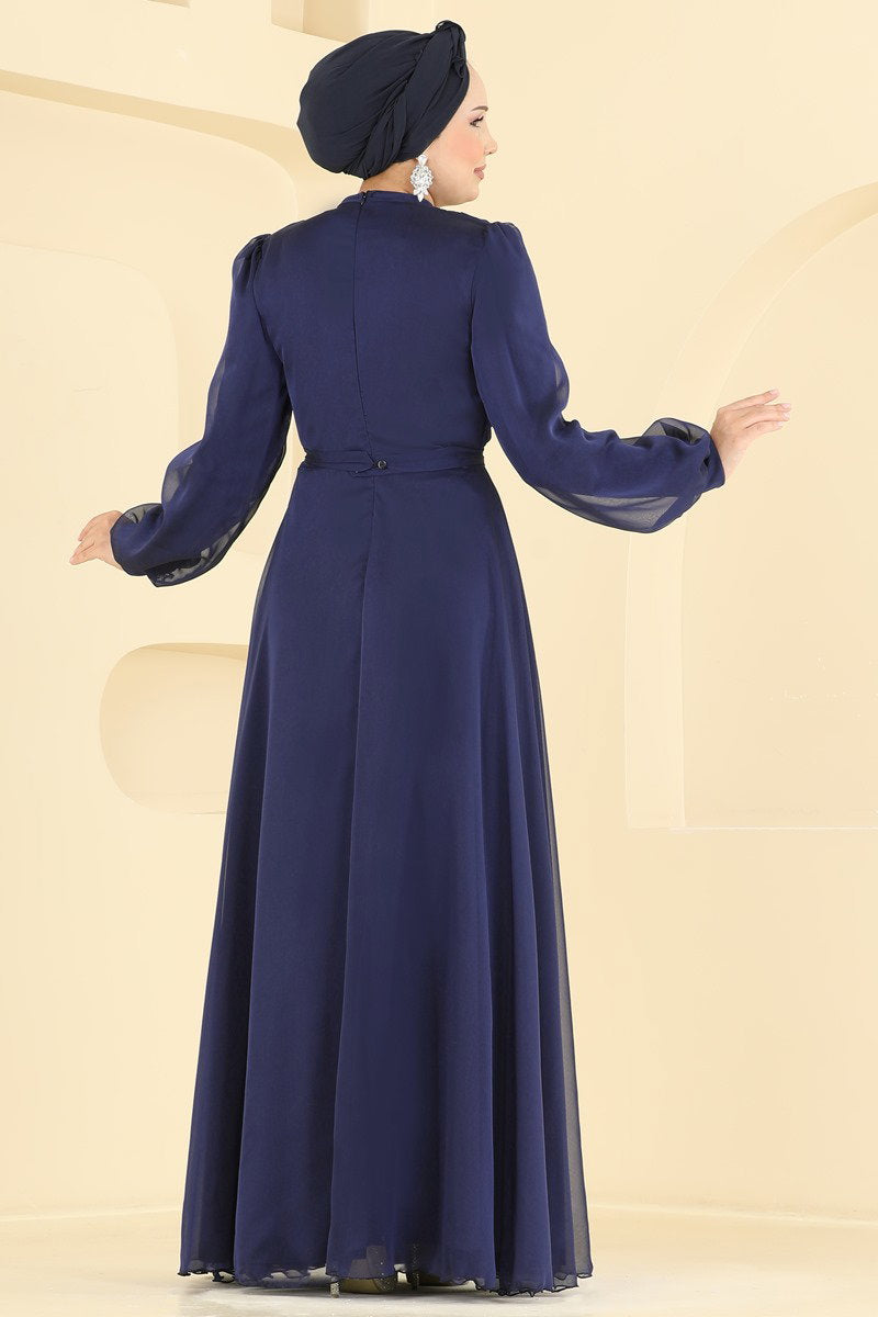 Embroidered Shot-Fabric Evening Dress - Navy