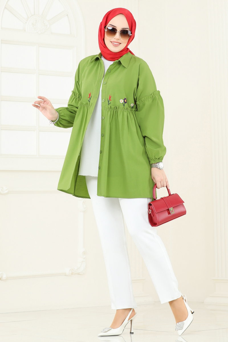 Embroidered Poplin Tunic - Pistachio