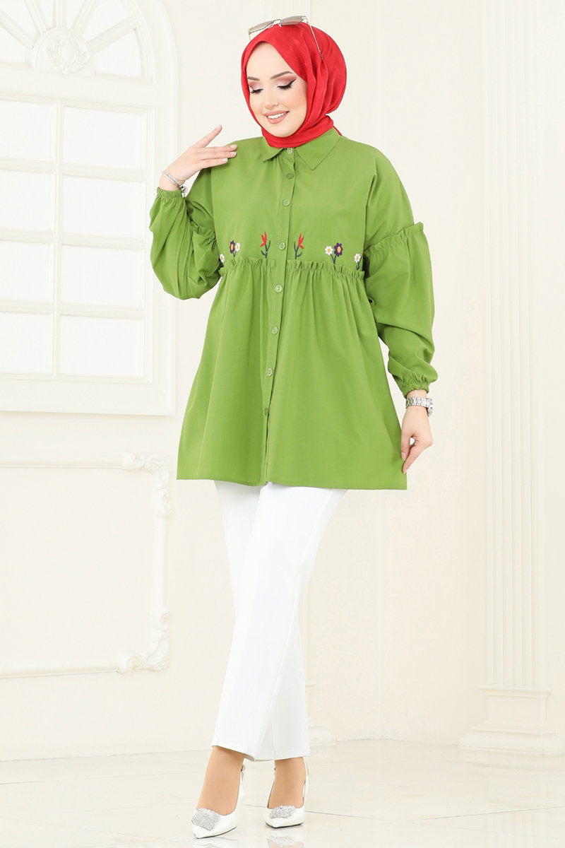 Embroidered Poplin Tunic - Pistachio