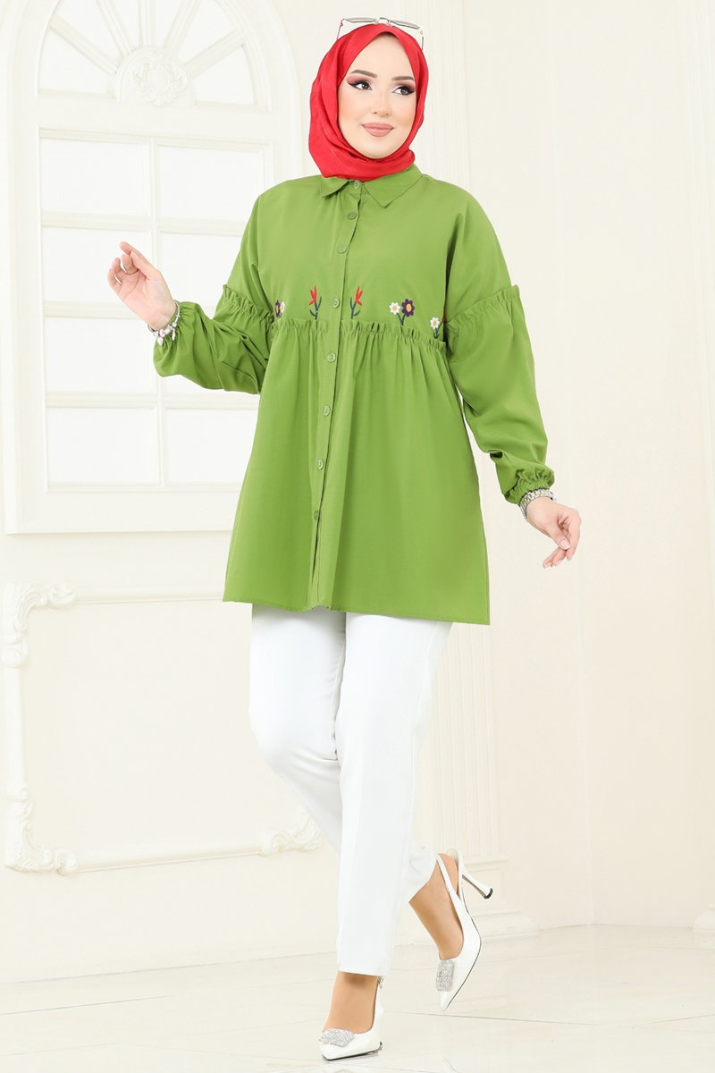 Embroidered Poplin Tunic - Pistachio