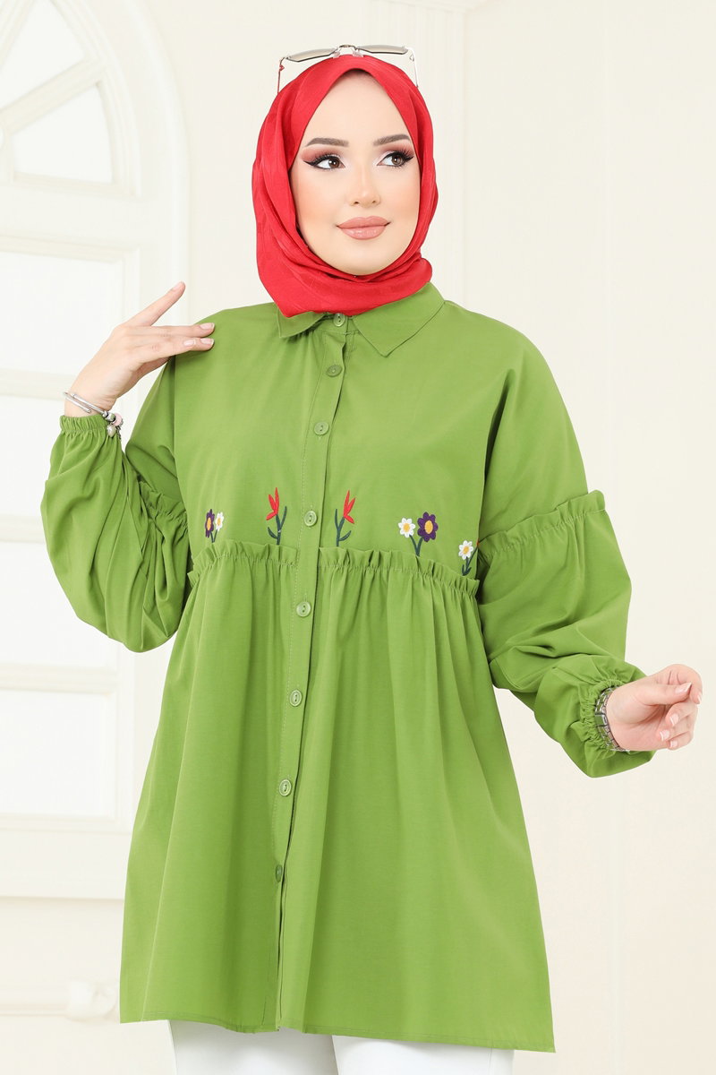 Embroidered Poplin Tunic - Pistachio