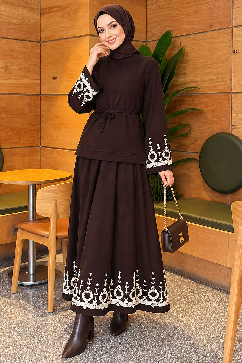 Embroidered Skirt Two-Piece Set - Brown