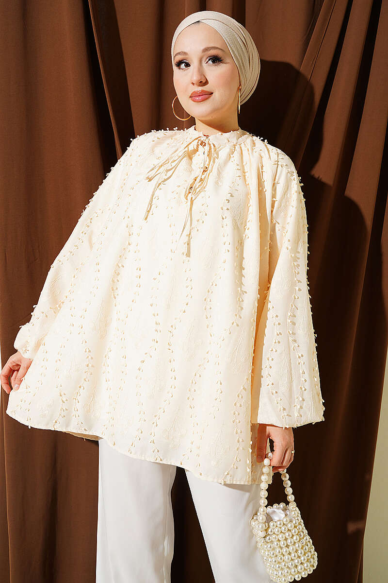 Loose Embroidered Puff-Sleeve Tunic - Beige