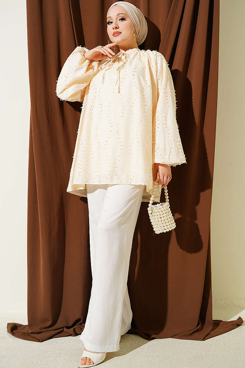 Loose Embroidered Puff-Sleeve Tunic - Beige