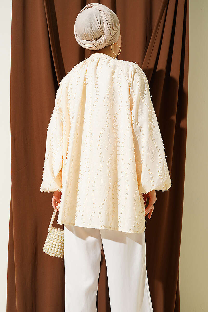 Loose Embroidered Puff-Sleeve Tunic - Beige