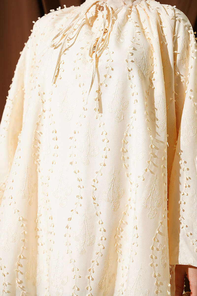 Loose Embroidered Puff-Sleeve Tunic - Beige