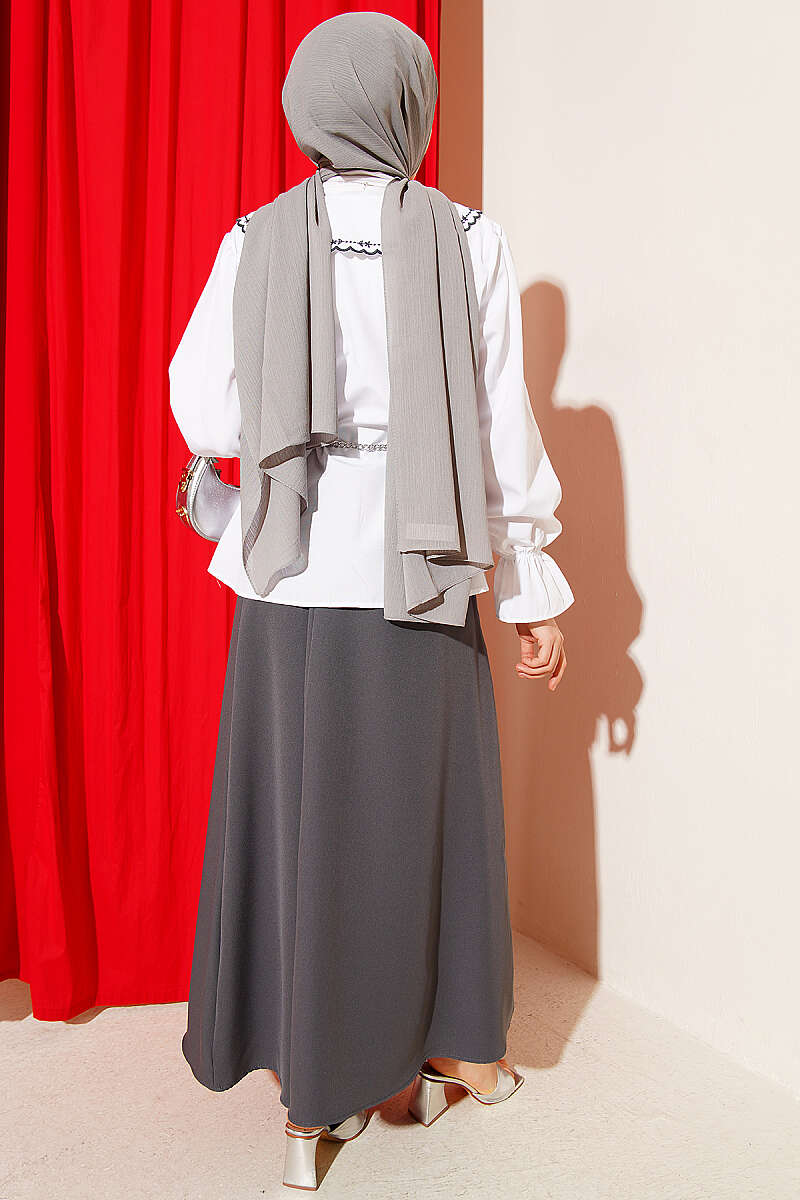 Embroidered Peter Pan Collar Skirt Set - White