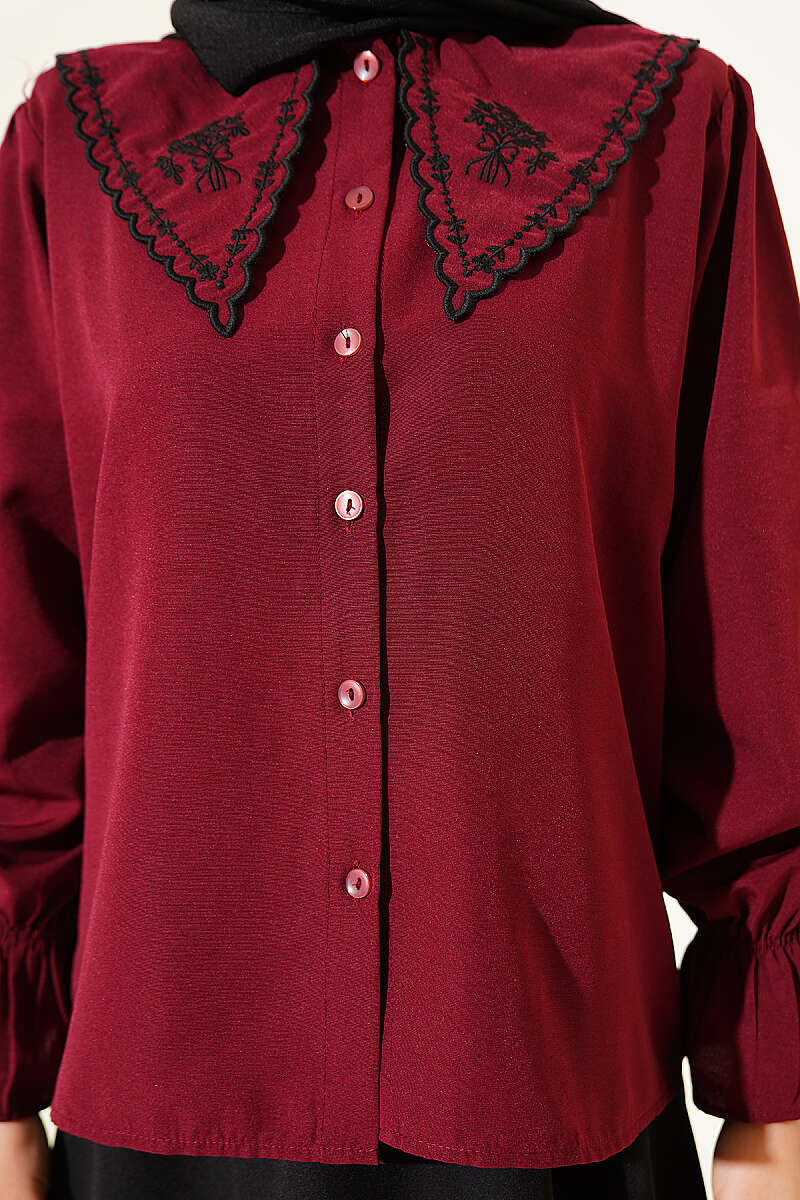Embroidered Peter Pan Collar Skirt Set - Burgundy