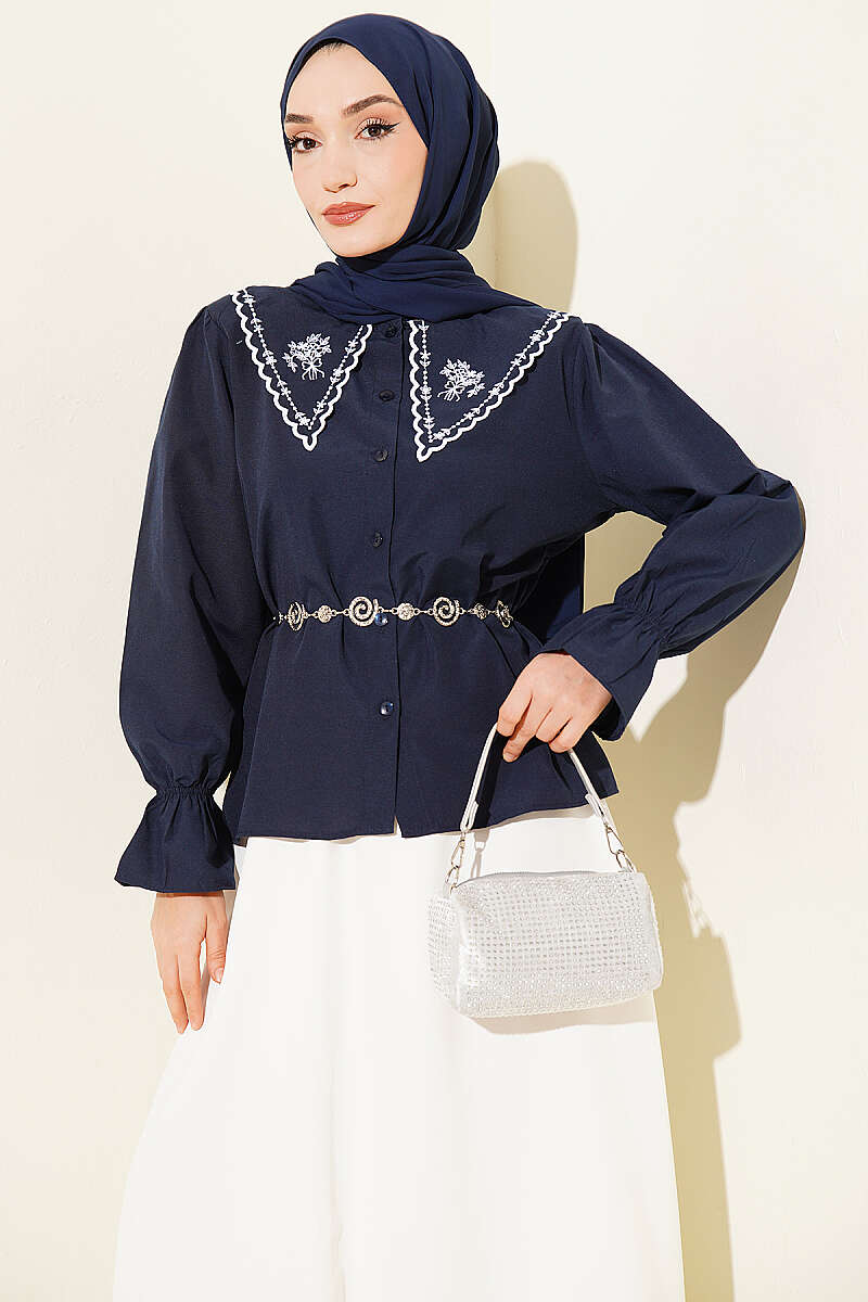 Embroidered Peter Pan Collar Skirt Set - Navy