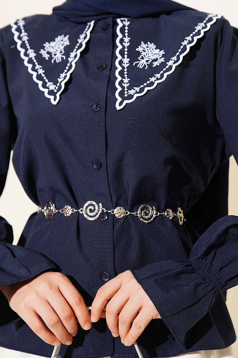 Embroidered Peter Pan Collar Skirt Set - Navy