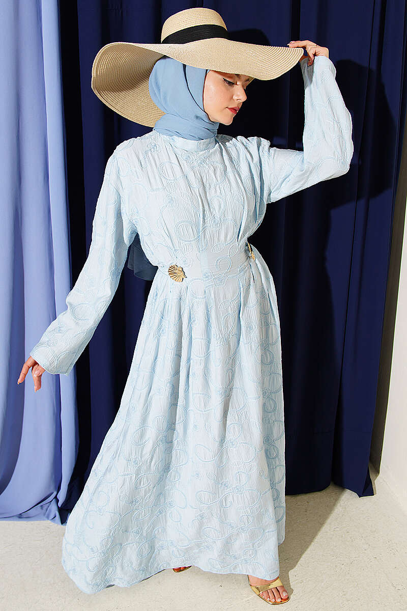 Embroidered Dress with Waist Darts and Gold Accessory - Light Blue