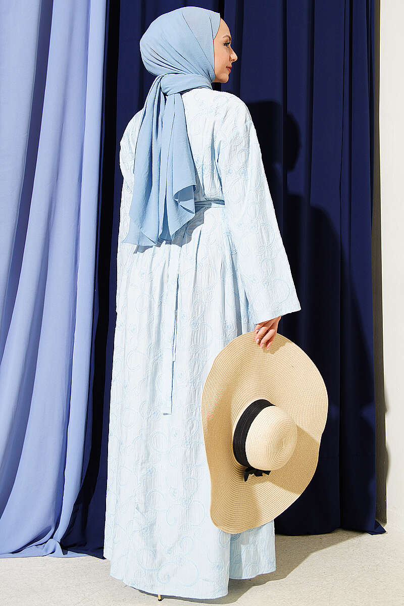 Embroidered Dress with Waist Darts and Gold Accessory - Light Blue