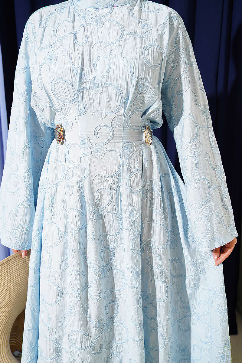 Embroidered Dress with Waist Darts and Gold Accessory - Light Blue