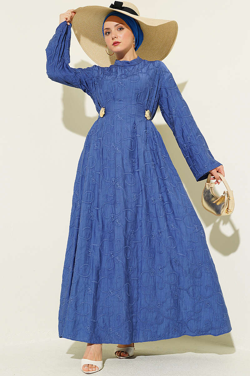 Embroidered Dress with Waist Darts and Gold Accessory - Indigo