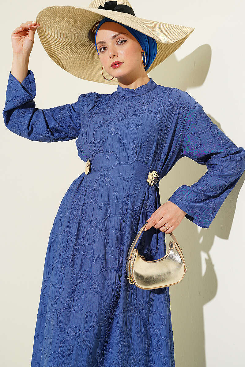 Embroidered Dress with Waist Darts and Gold Accessory - Indigo
