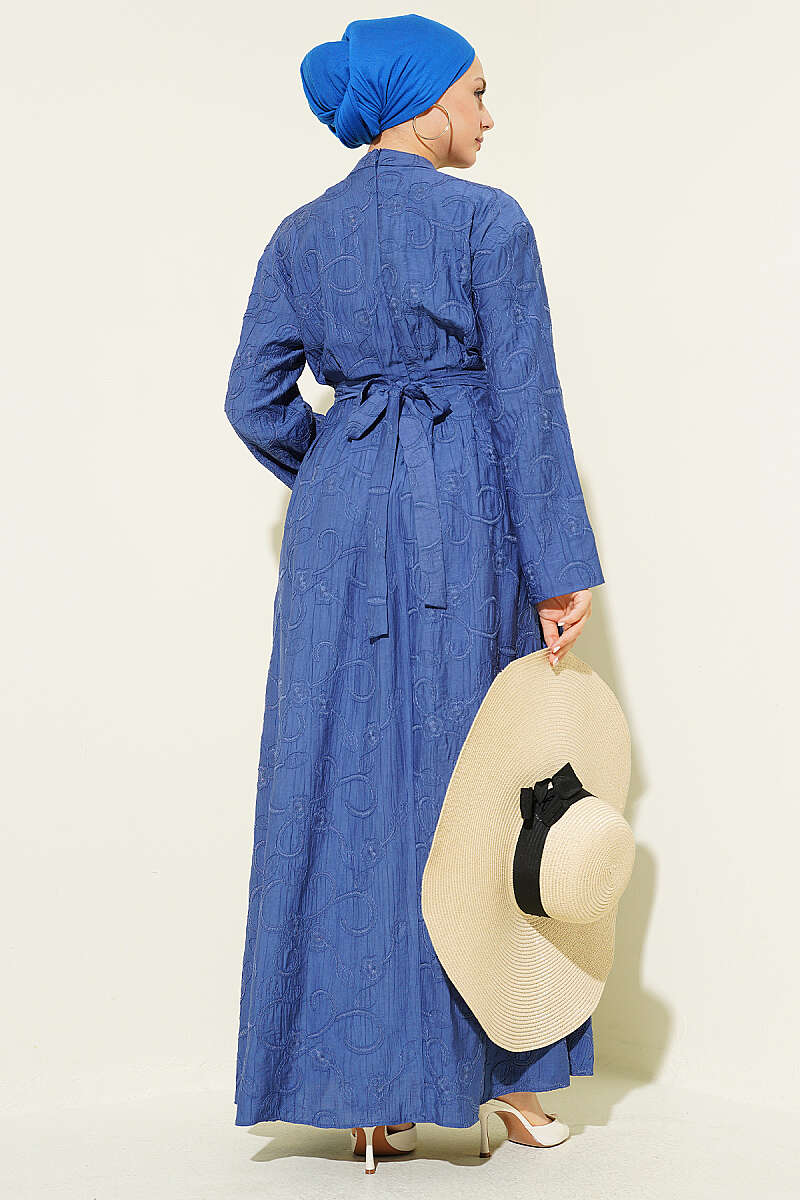 Embroidered Dress with Waist Darts and Gold Accessory - Indigo