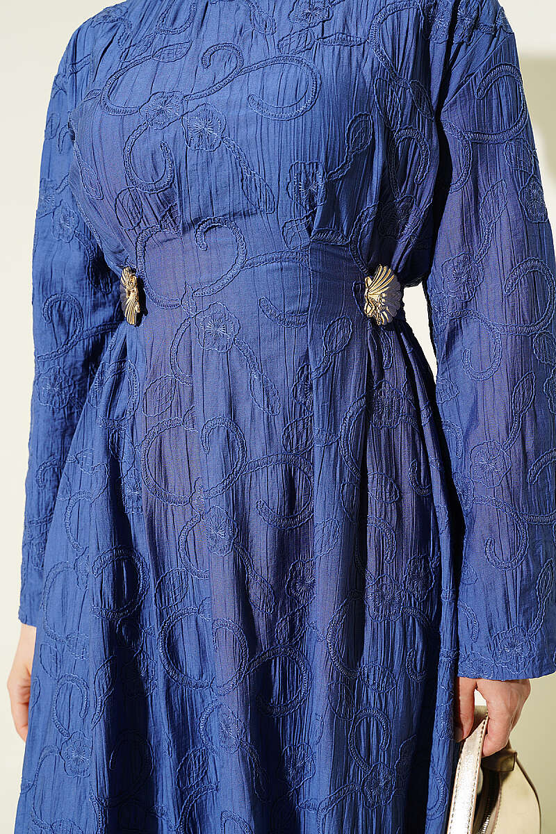 Embroidered Dress with Waist Darts and Gold Accessory - Indigo