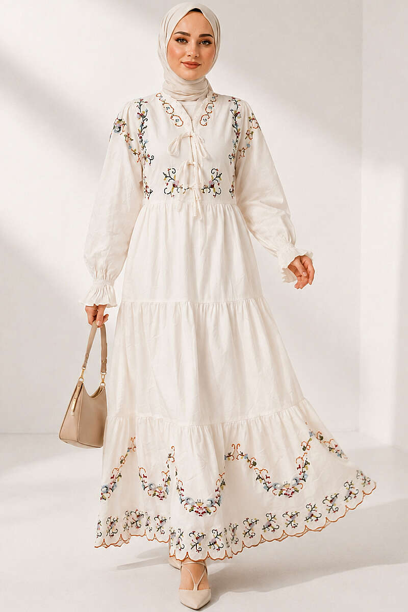 Floral Embroidered Dress with Elastic Cuffs - White