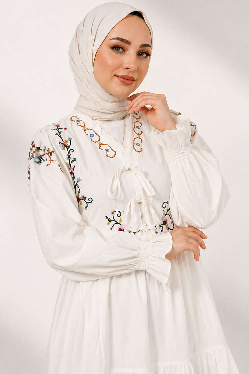 Floral Embroidered Dress with Elastic Cuffs - White