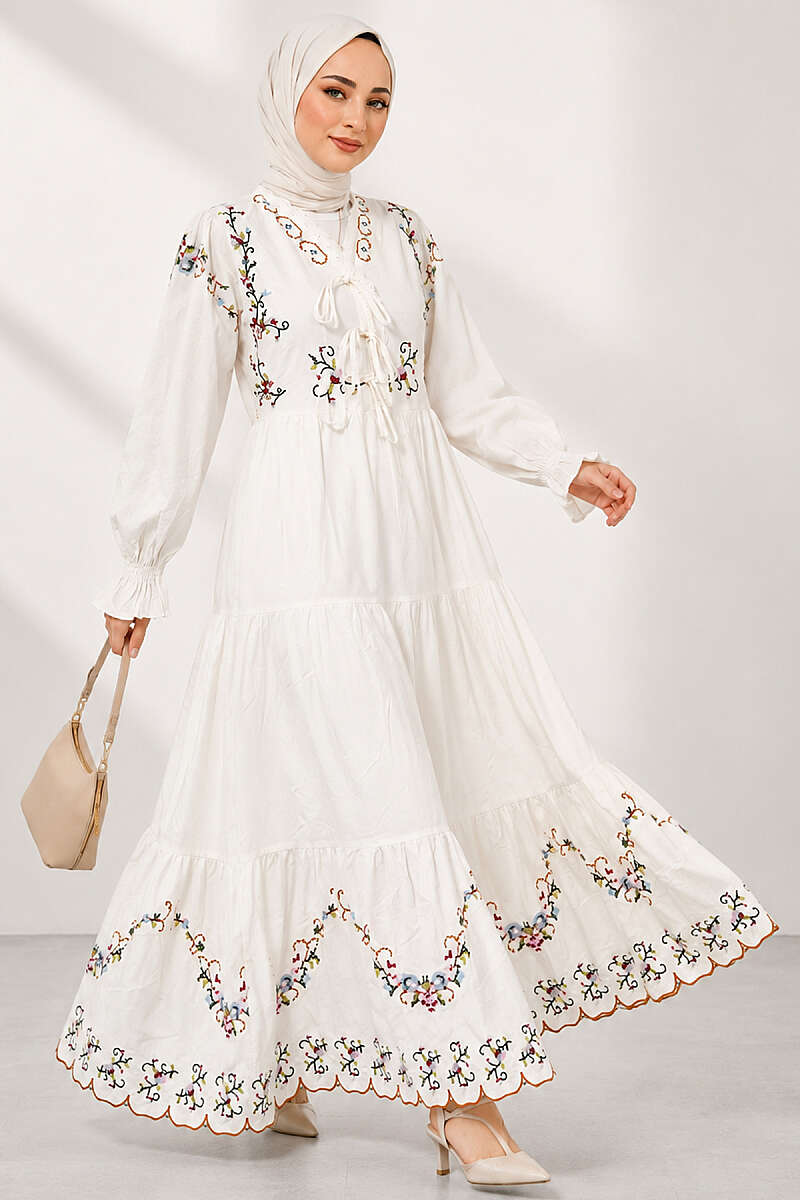 Floral Embroidered Dress with Elastic Cuffs - White