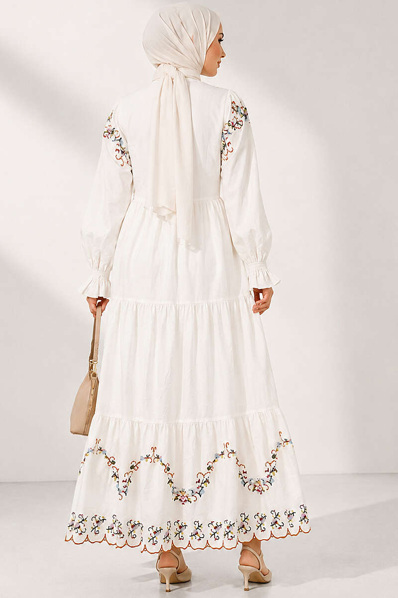 Floral Embroidered Dress with Elastic Cuffs - White