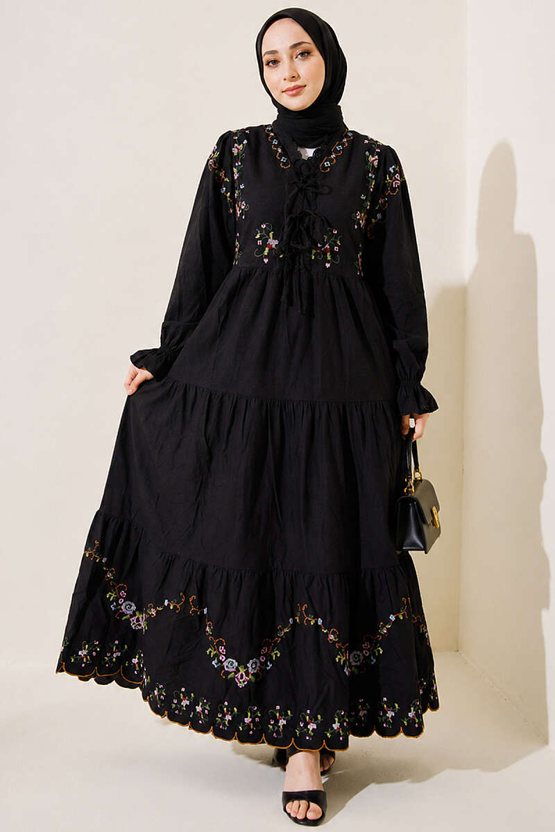 Floral Embroidered Dress with Elastic Cuffs - Black
