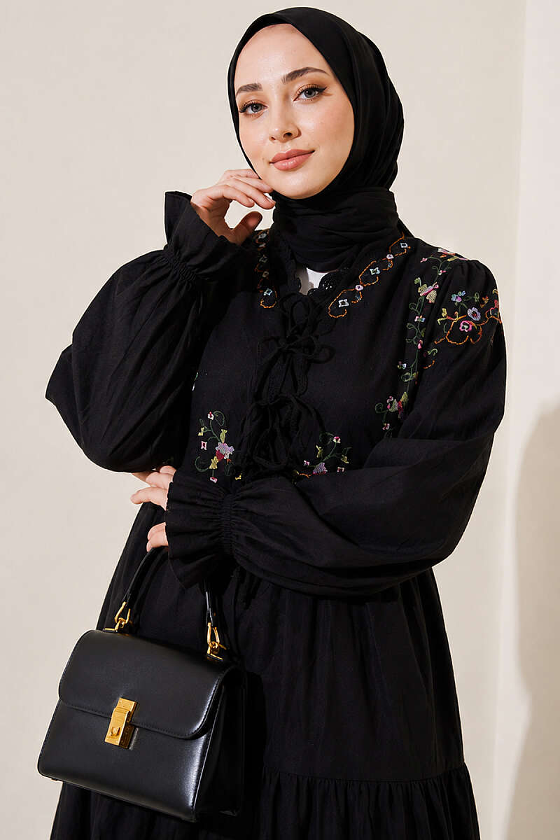 Floral Embroidered Dress with Elastic Cuffs - Black
