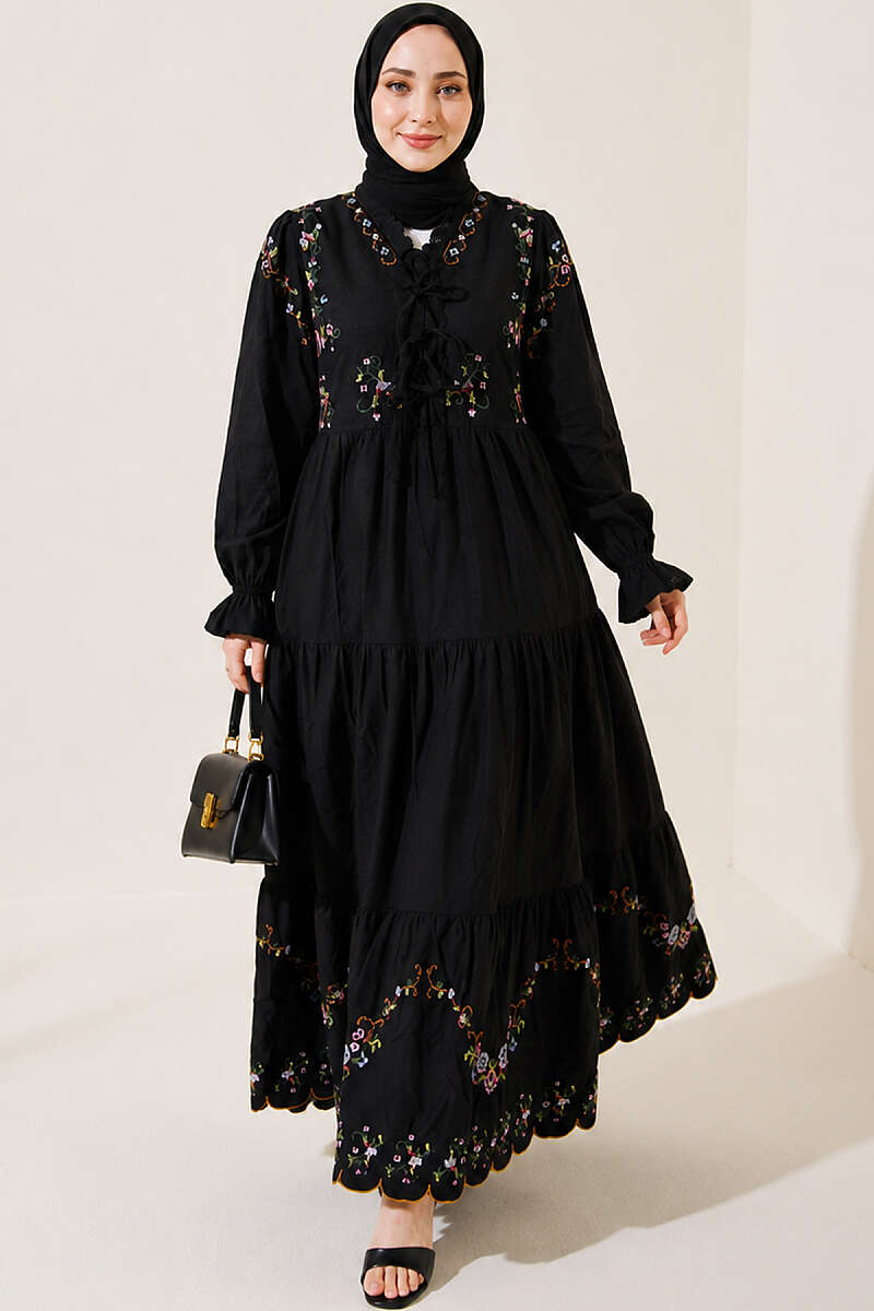 Floral Embroidered Dress with Elastic Cuffs - Black