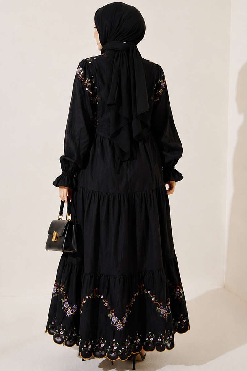 Floral Embroidered Dress with Elastic Cuffs - Black