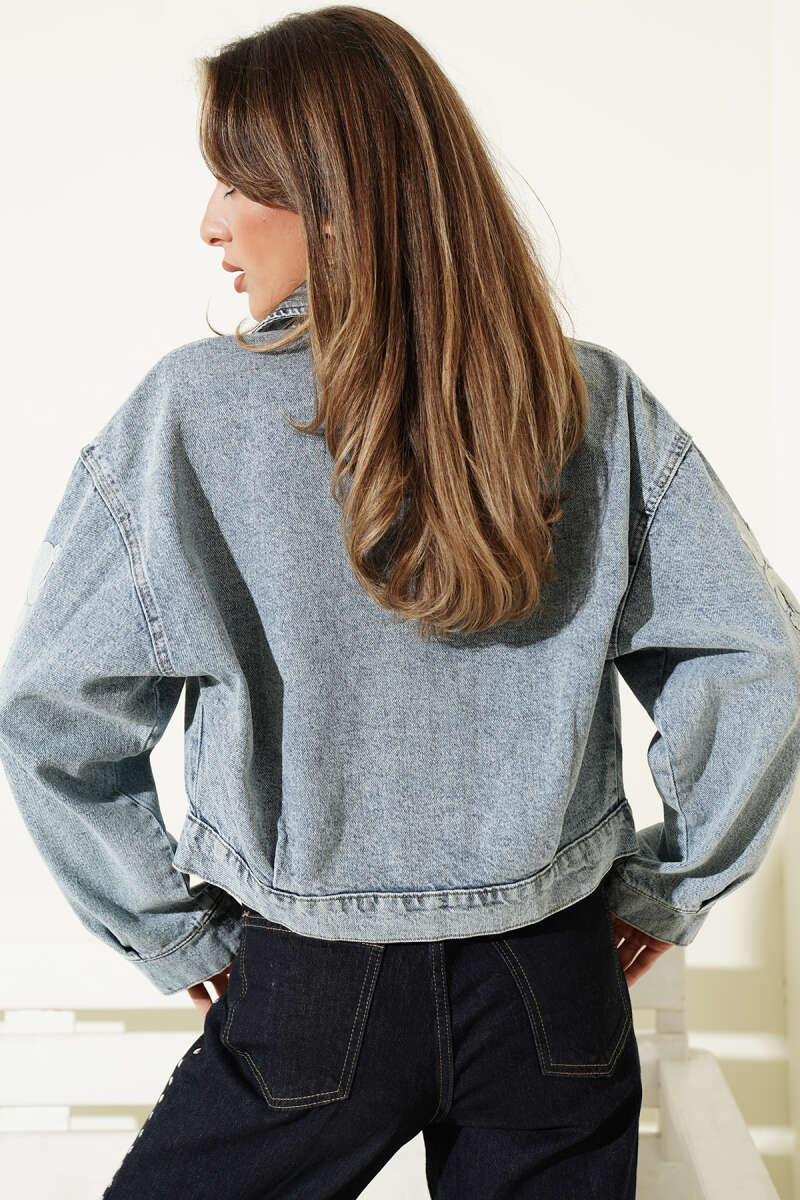 Short Jacket with Embroidery Detail - Denim Blue