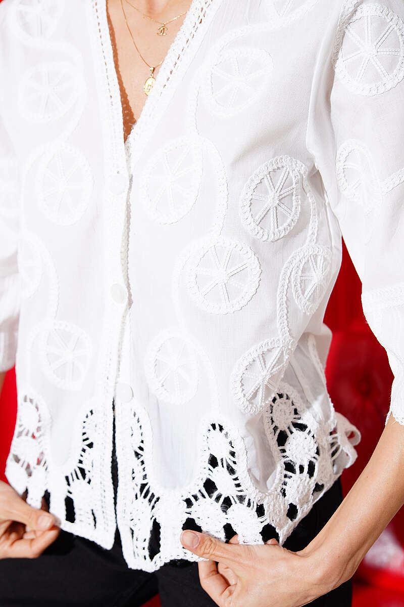 Embroidered Half-Sleeve Button Shirt - White