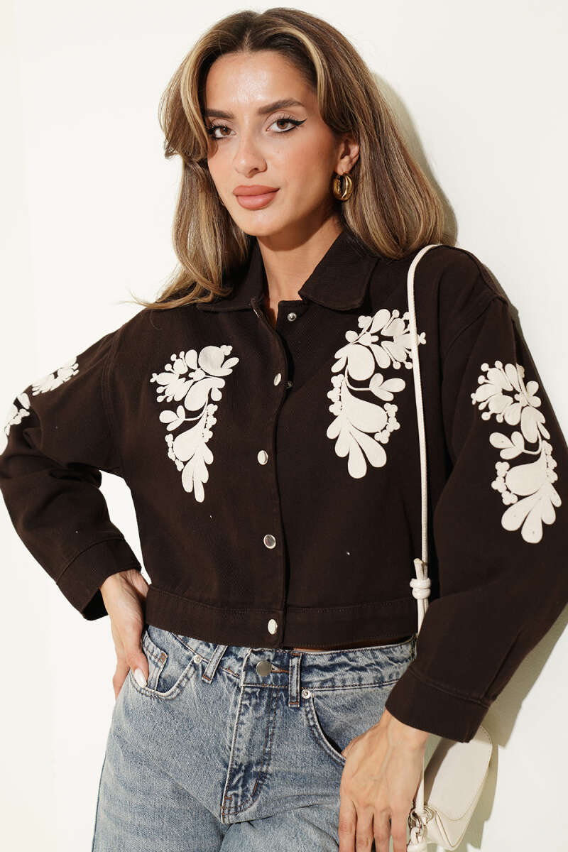 Short Embroidered Gabardine Jacket - Brown