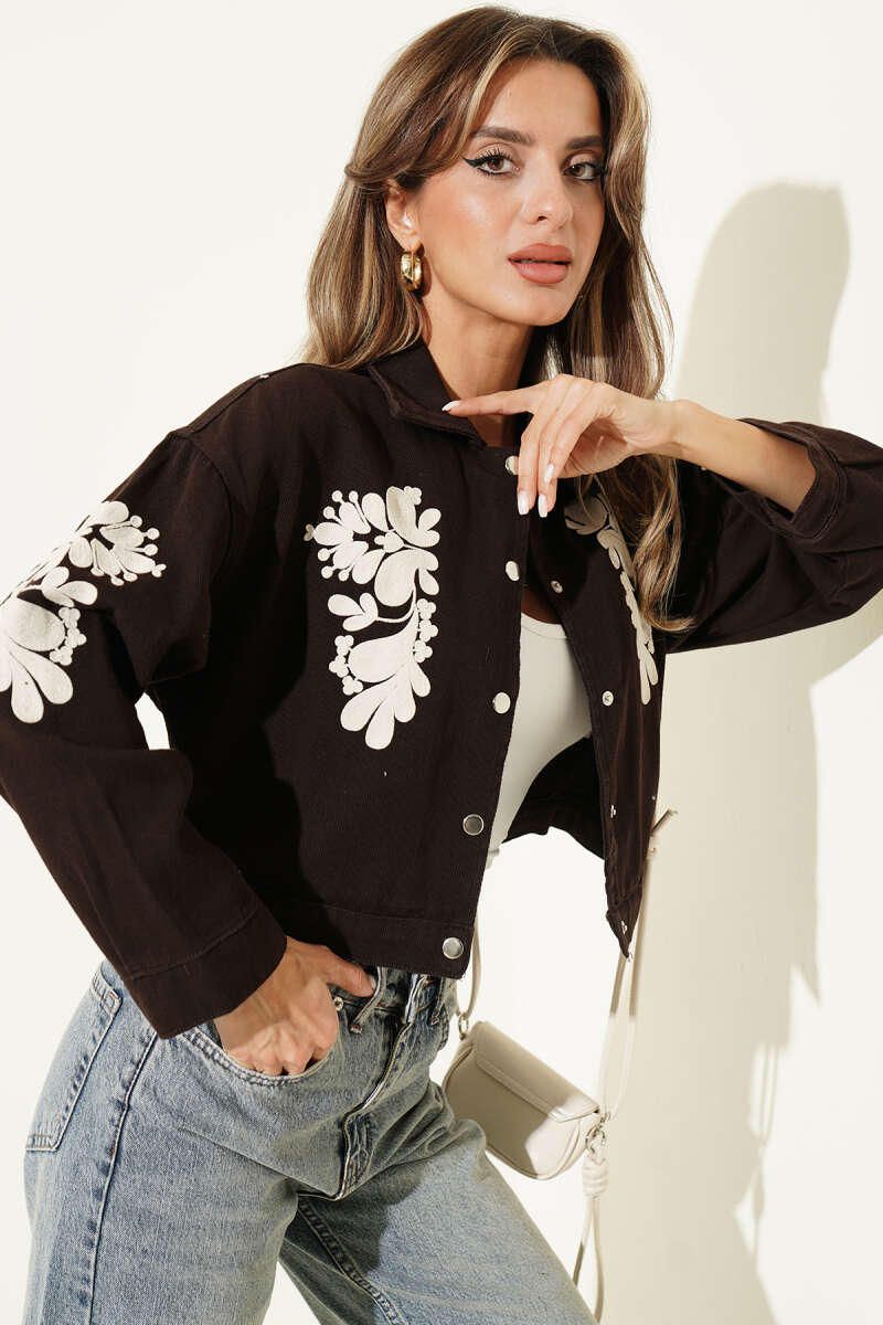 Short Embroidered Gabardine Jacket - Brown
