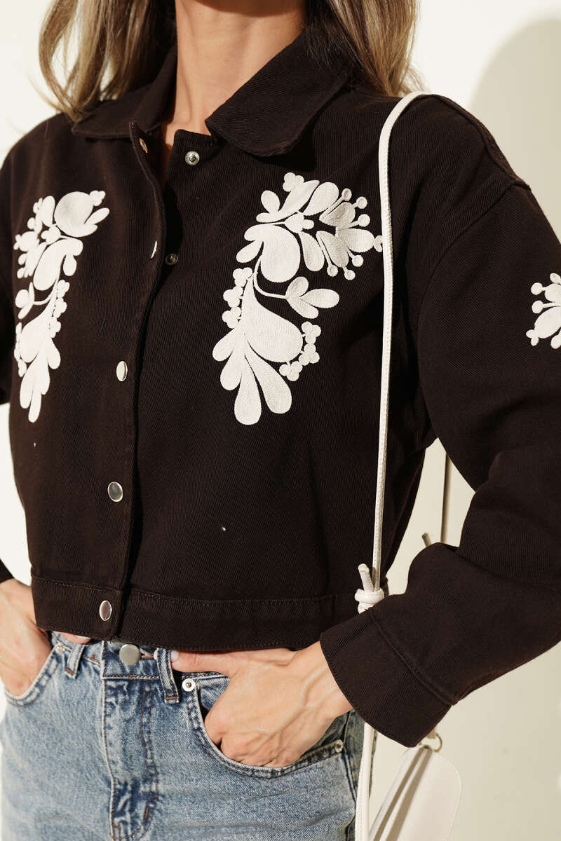 Short Embroidered Gabardine Jacket - Brown