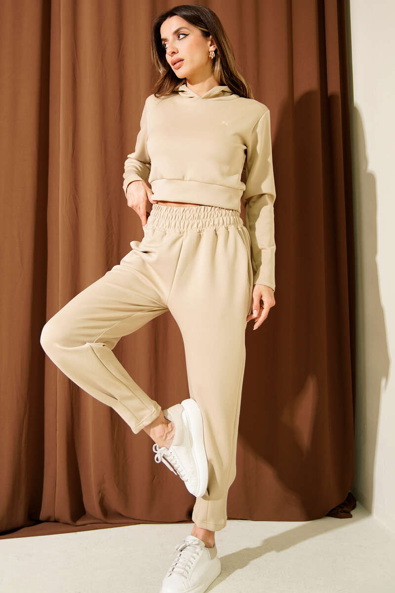 Embroidered Hooded Crop Two-Piece Set - Beige