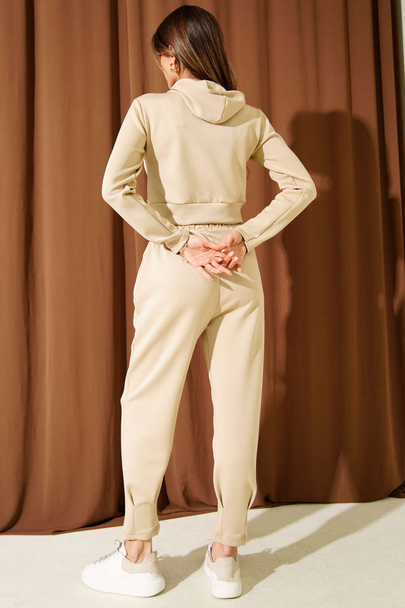 Embroidered Hooded Crop Two-Piece Set - Beige